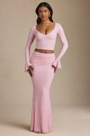 Draped Low-Rise Lace Maxi Skirt in Soft Pink Stylist Pick