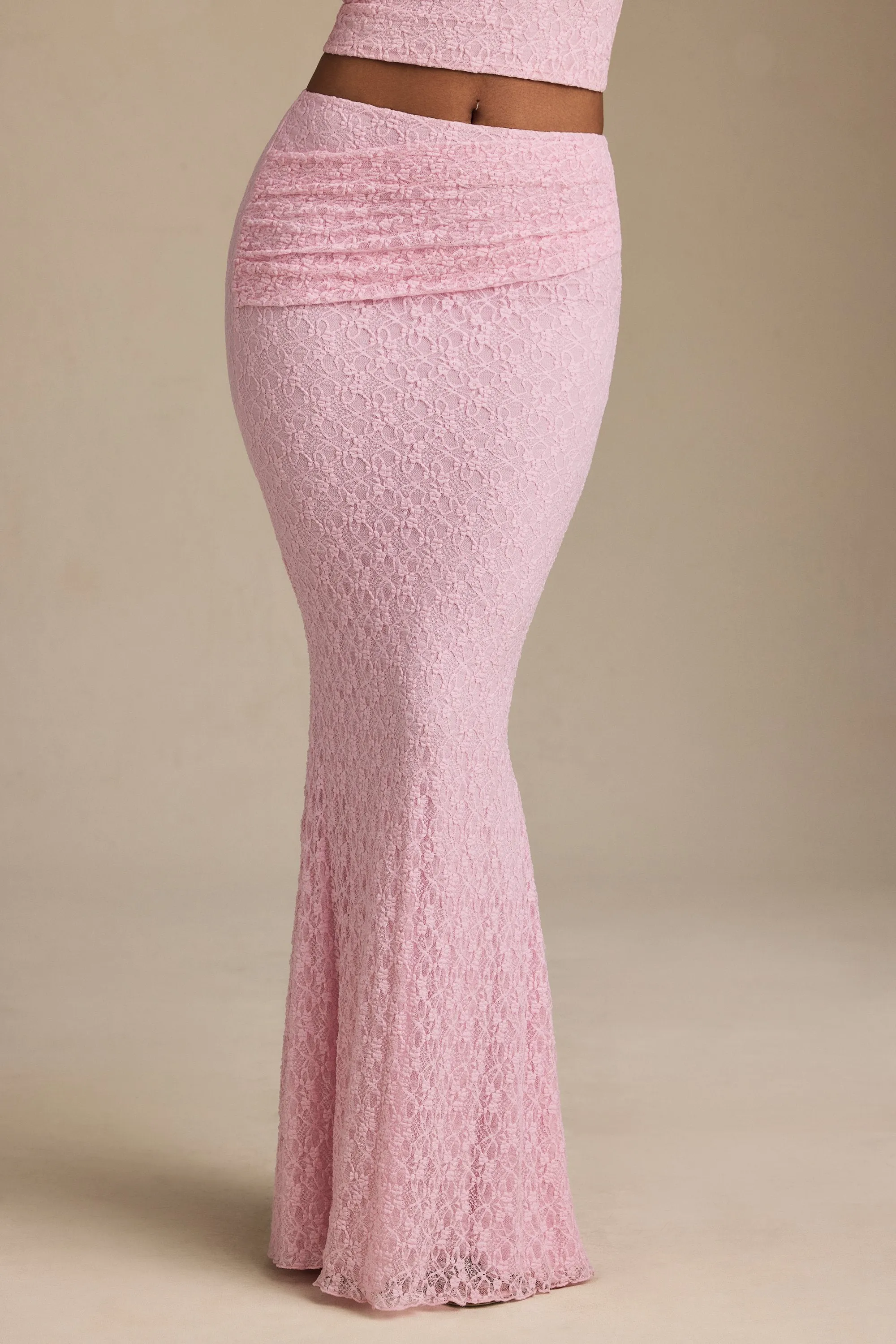 Draped Low-Rise Lace Maxi Skirt in Soft Pink Bold Look