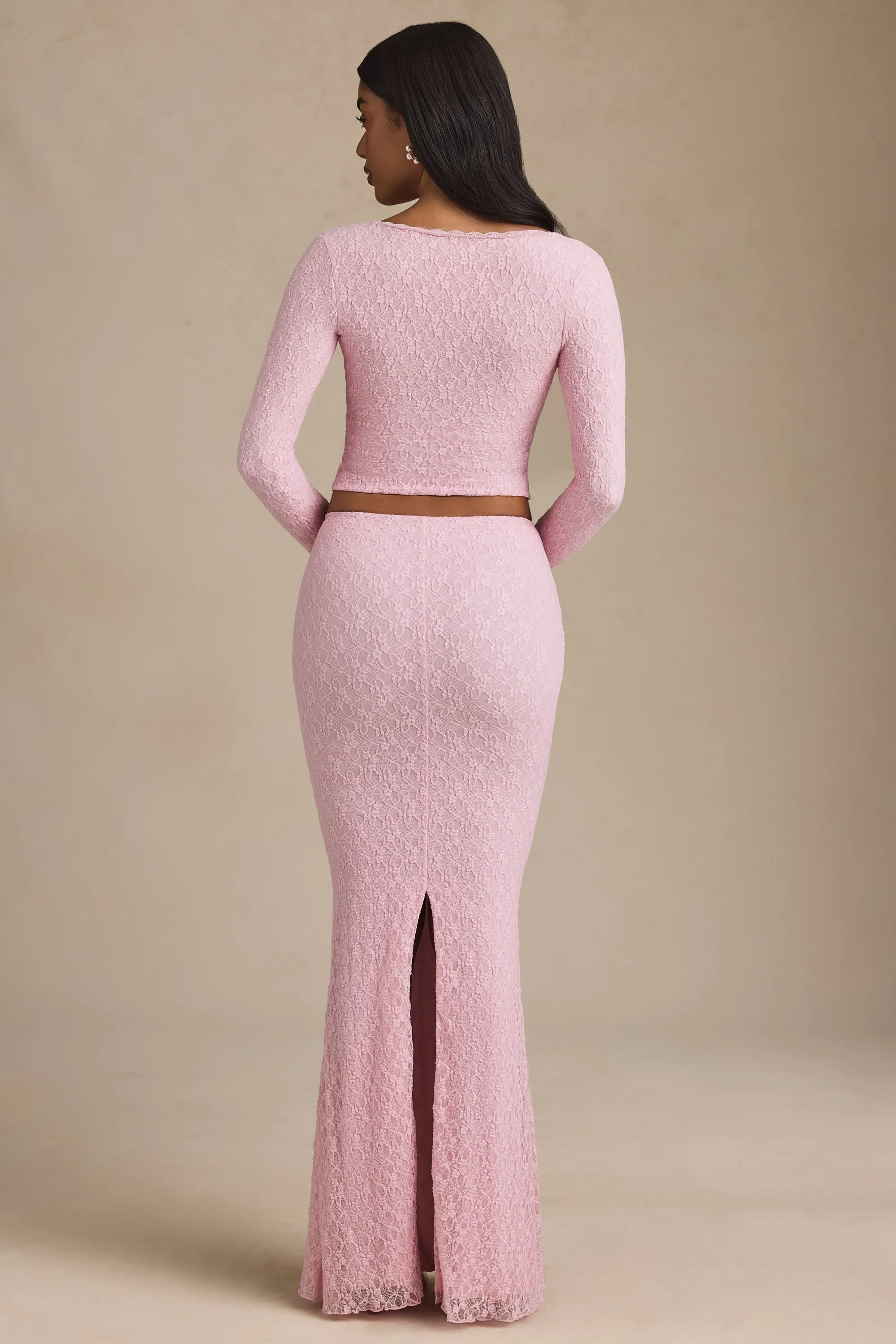 Hypoallergenic fabric Draped Low-Rise Lace Maxi Skirt in Soft Pink