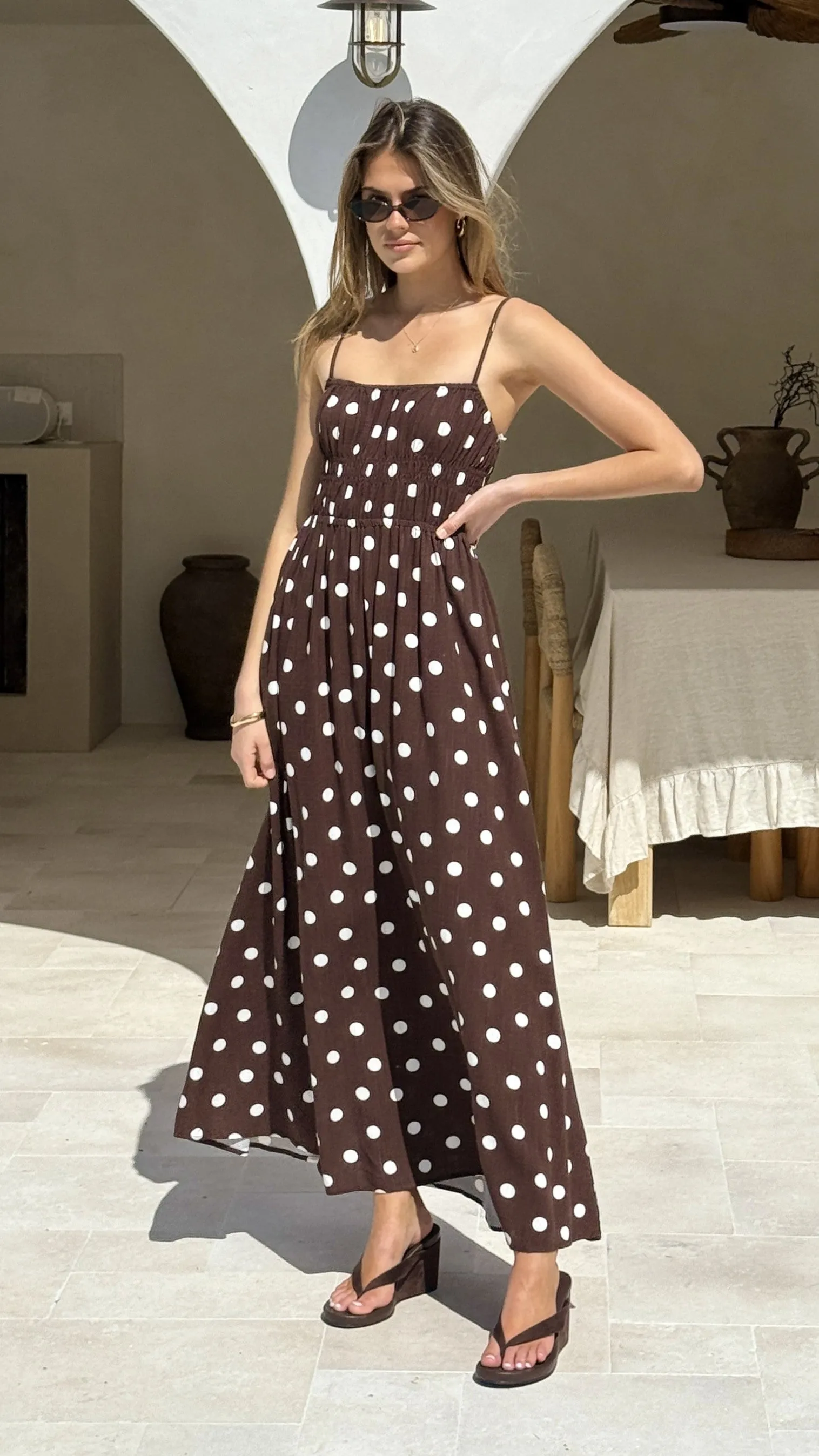 Solare Maxi Dress - Brown/White Polka Golden Wave