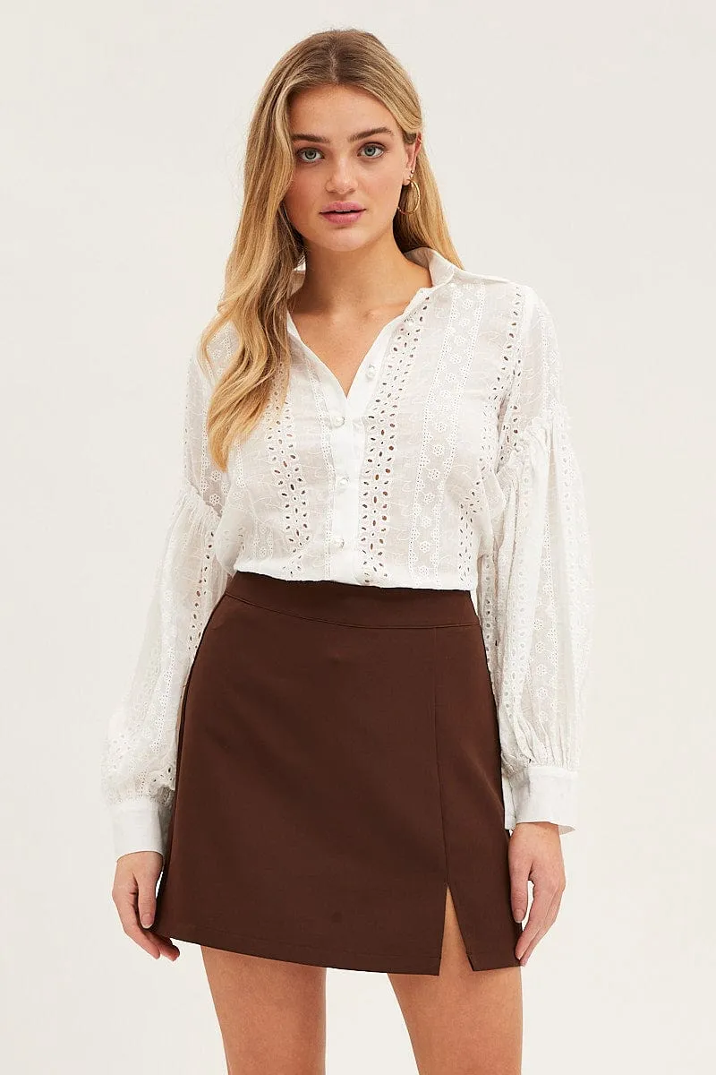White Balloon Sleeve Eyelet Shirt AbrasionResistant Material