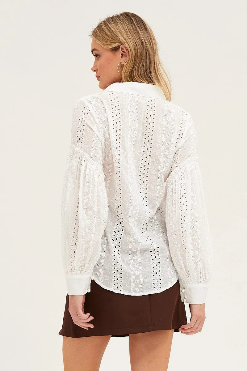 White Balloon Sleeve Eyelet Shirt Trend Vibe