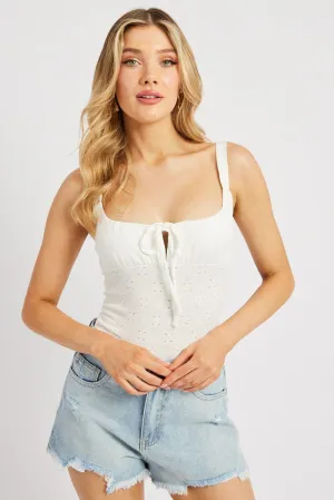 FlatlockSeaming White Eyelet Bodysuit Singlet