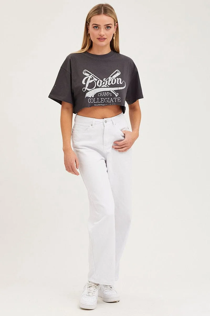 Black Graphic T-Shirt Short Sleeve Crop Crew Neck Adult Wear