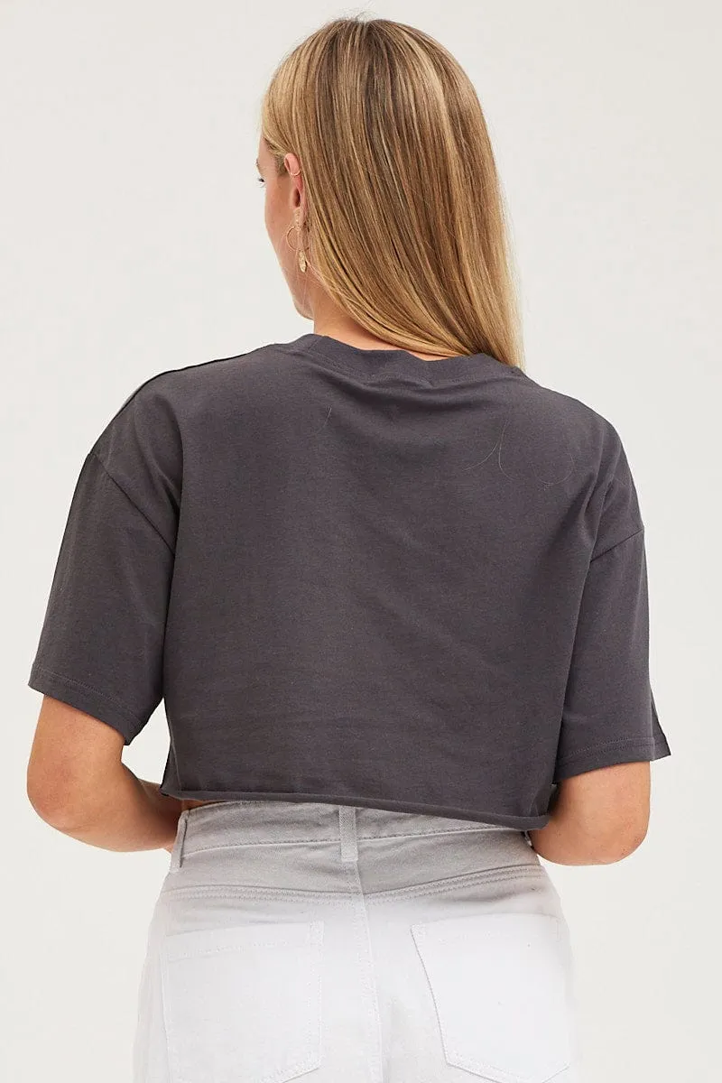 Black Graphic T-Shirt Short Sleeve Crop Crew Neck Retro Style Picnic