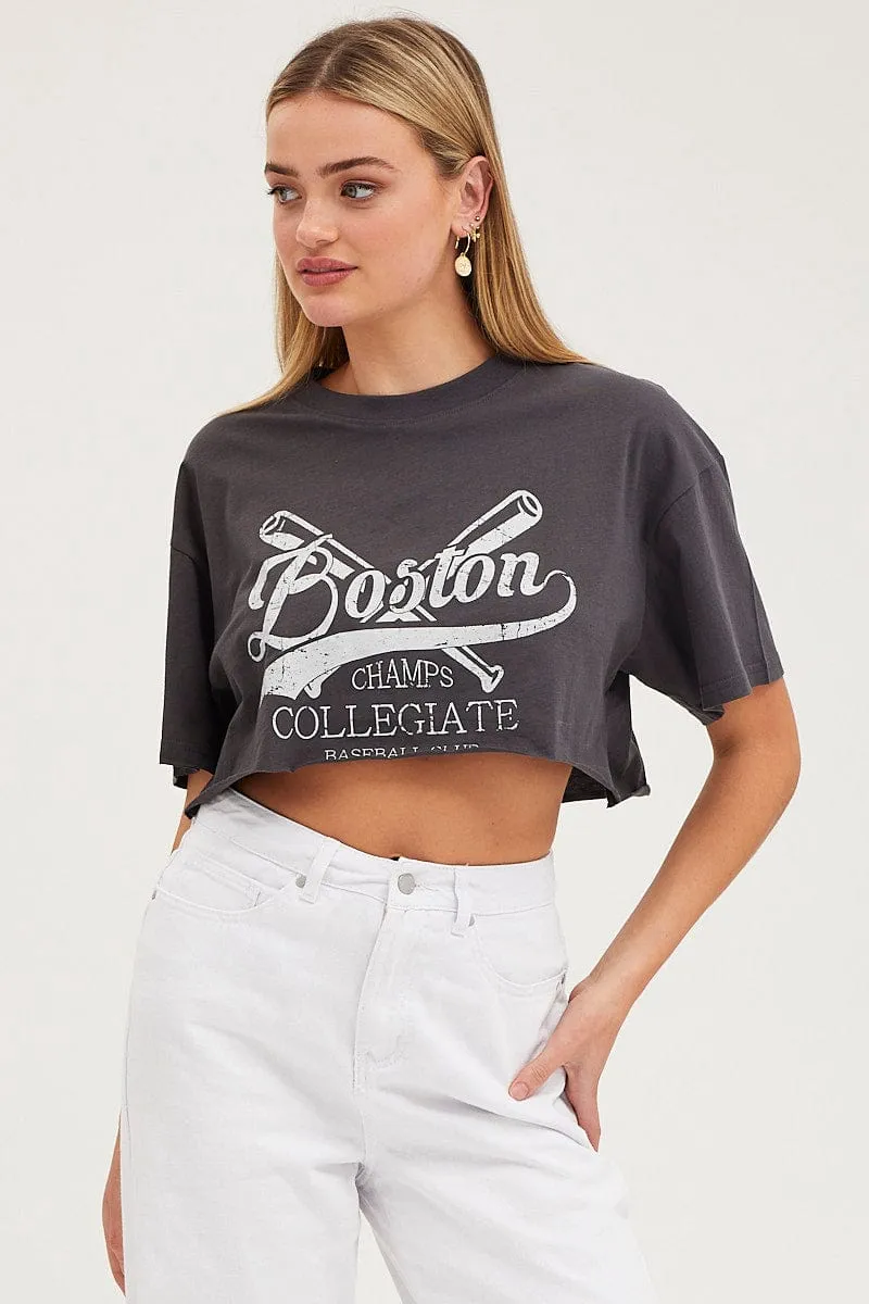 Best Seller Seasonal Layer Black Graphic T-Shirt Short Sleeve Crop Crew Neck