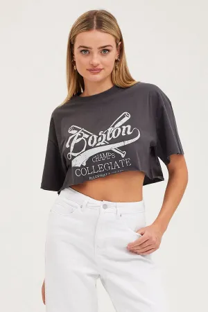 Black Graphic T-Shirt Short Sleeve Crop Crew Neck Casual Everyday Simple Fit