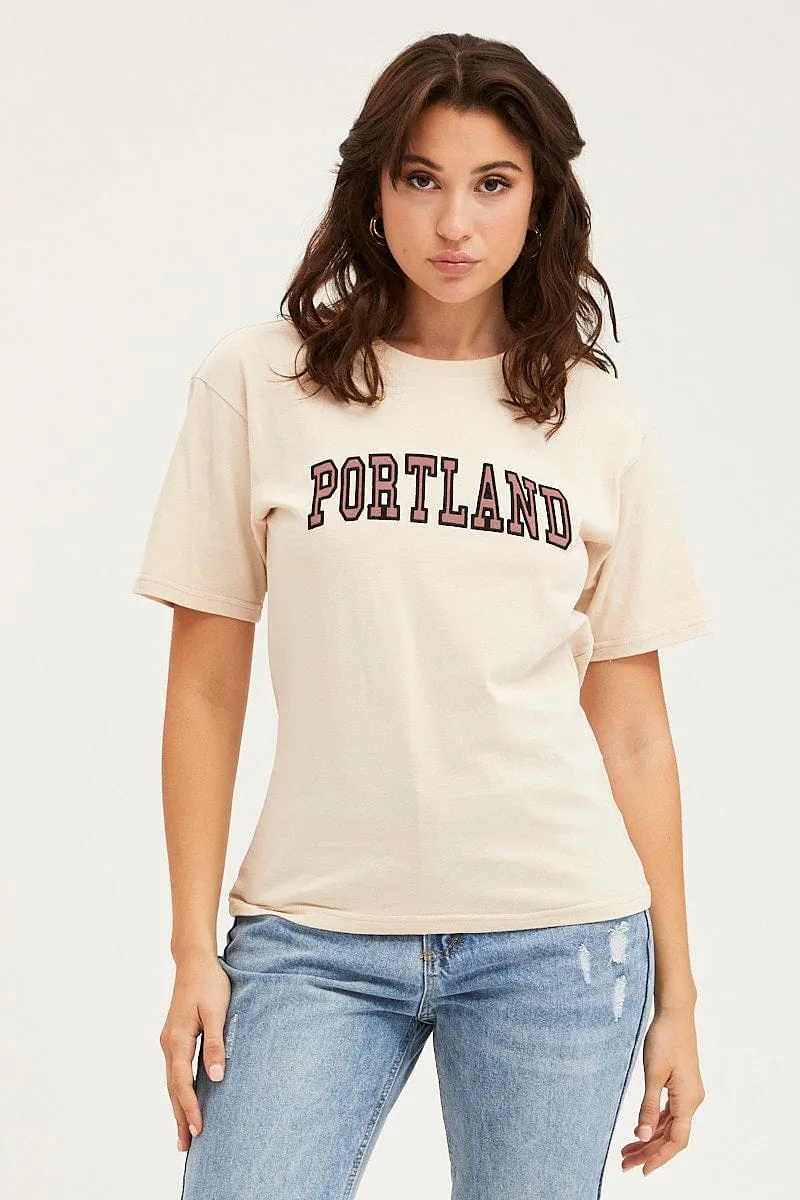 Beige T Shirt Short Sleeve Longline Hemline Casual Layer Look