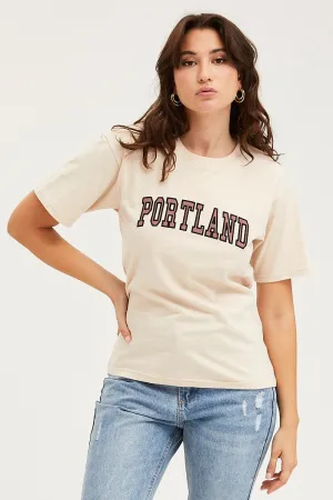 Beige T Shirt Short Sleeve Party fun
