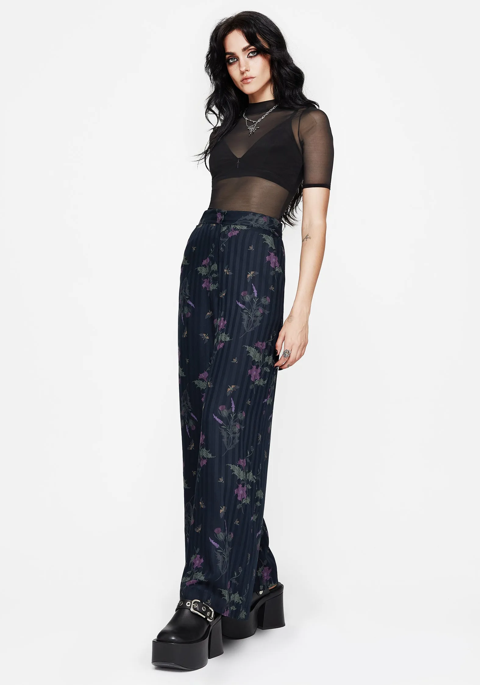Simple Comfort Cassandra Satin Stripe Thistle Print Trouser