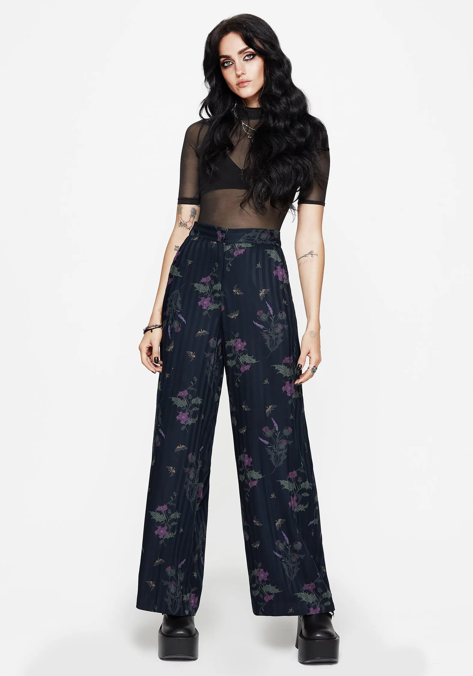 Versatile Style Cassandra Satin Stripe Thistle Print Trouser