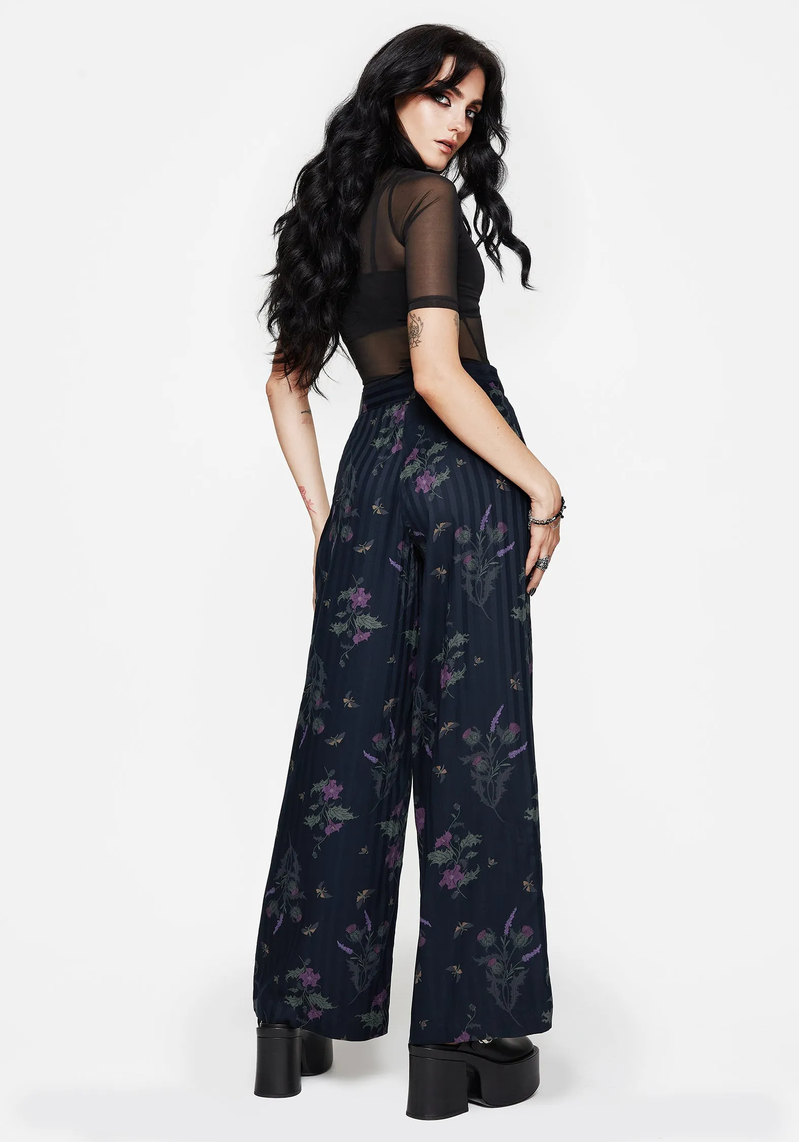 Cassandra Satin Stripe Thistle Print Trouser ExtendedSizeRange Lightweight Flex