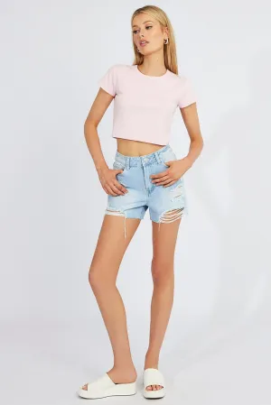 Wrinkle Free Fabric Pink Graphic Tee Crop Short Sleeve