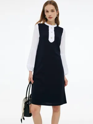 Pop Glow Timeless Fashion Wear Pre-Order Patchwork Ruffle Collar Pleated Sleeve Women Mini Dress