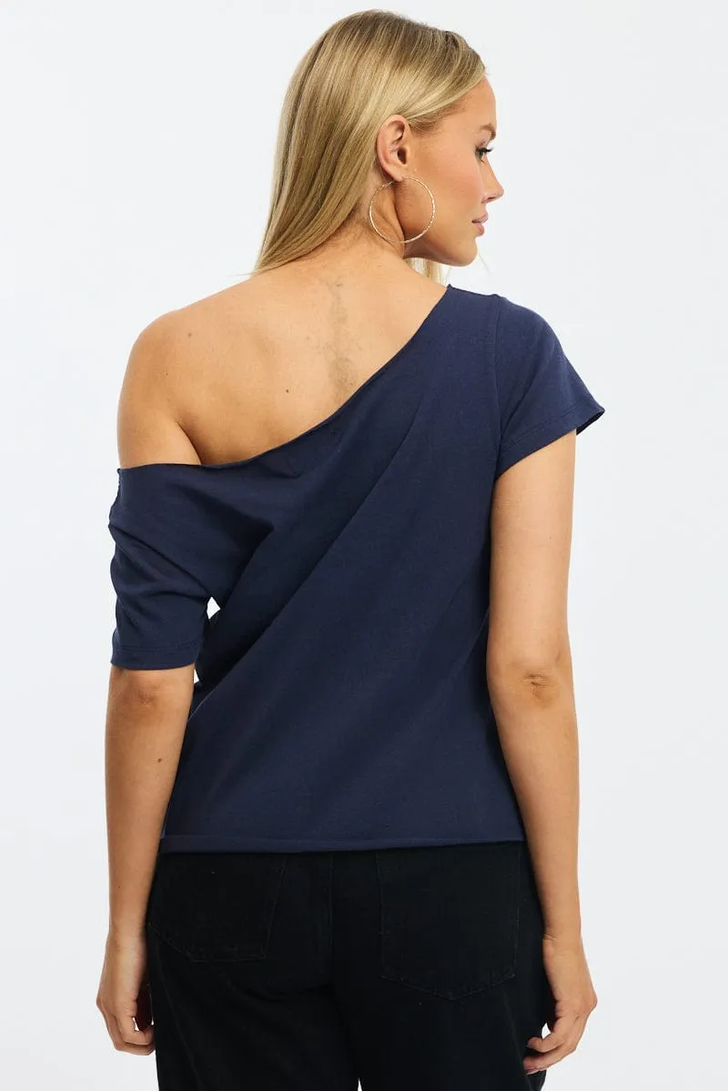 Oeko Tex Certified Blue Graphic Tee Off Shoulder