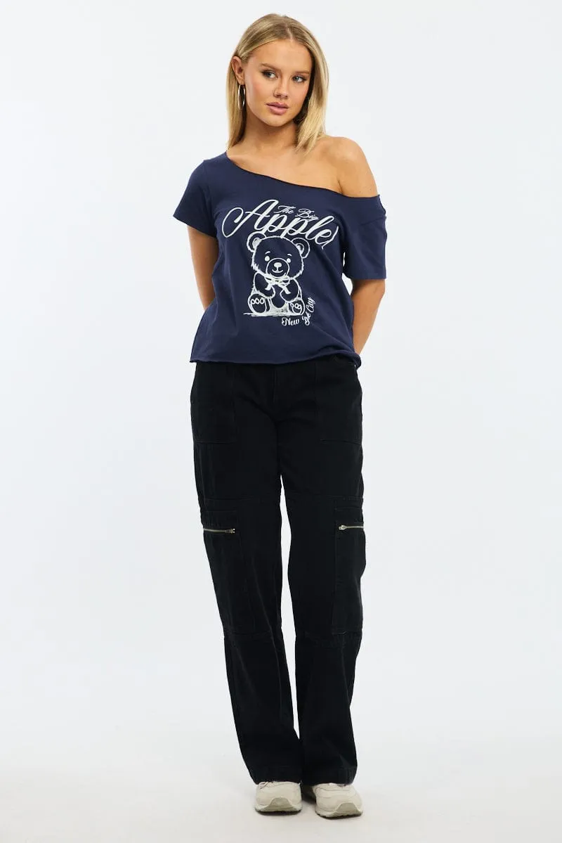 Everyday Top Blue Graphic Tee Off Shoulder