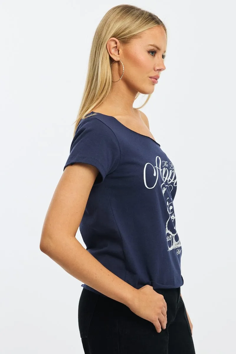 Blue Graphic Tee Off Shoulder theater visit