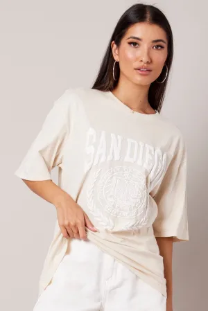 Colorfast Dye TearResistant Fabric Beige Graphic Tee Short Sleeve