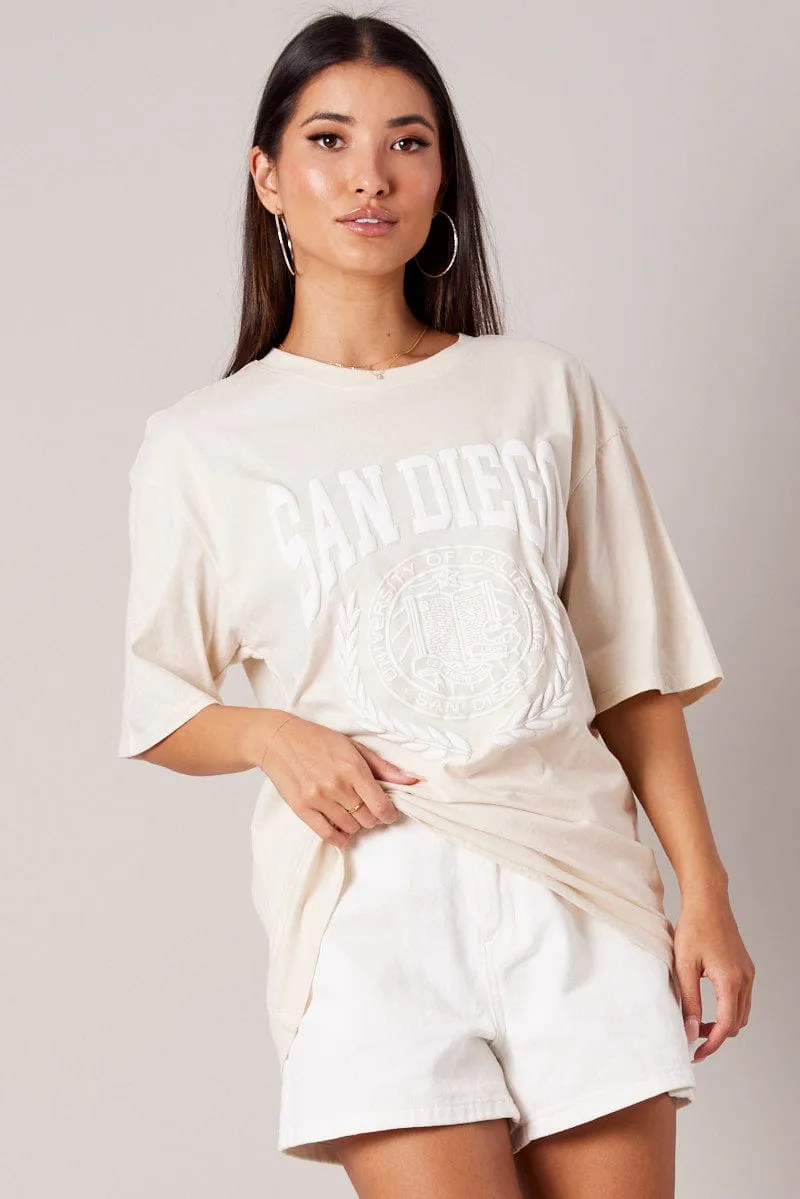 Beige Graphic Tee Short Sleeve funky Stain Resistant