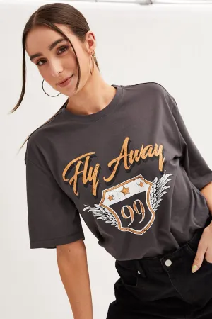 Grey T-Shirt Short Sleeve Crew Neck Fly Away Cotton Light Style Brushed Interior Lining