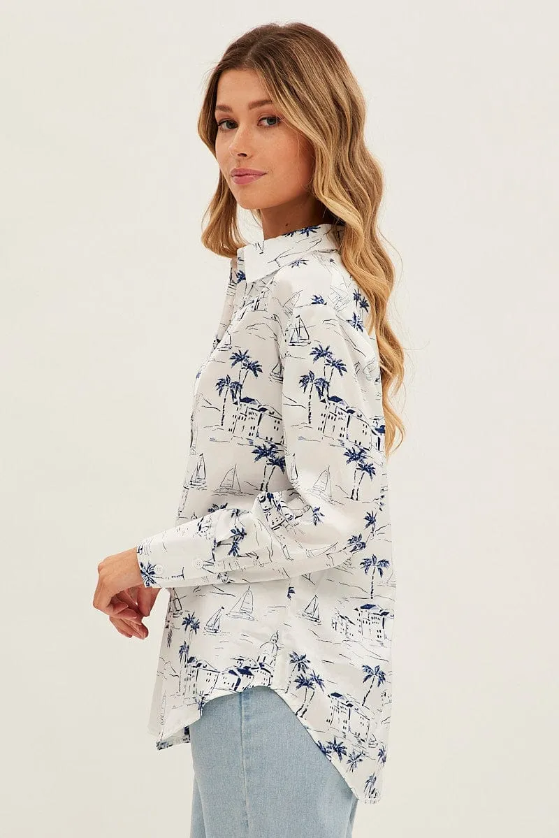 Blue Abstract Shirt Collared Long Sleeve Printed Satin Stretchable Material