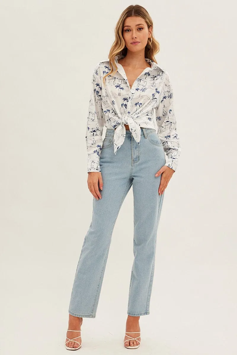 Antibacterial Finish Business Wear Blue Abstract Shirt Collared Long Sleeve Printed Satin