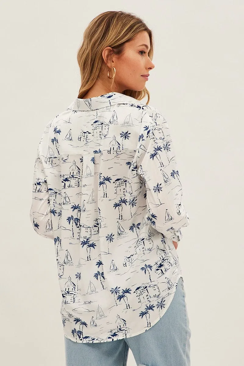 Blue Abstract Shirt Collared Long Sleeve Printed Satin Cozy Jacket