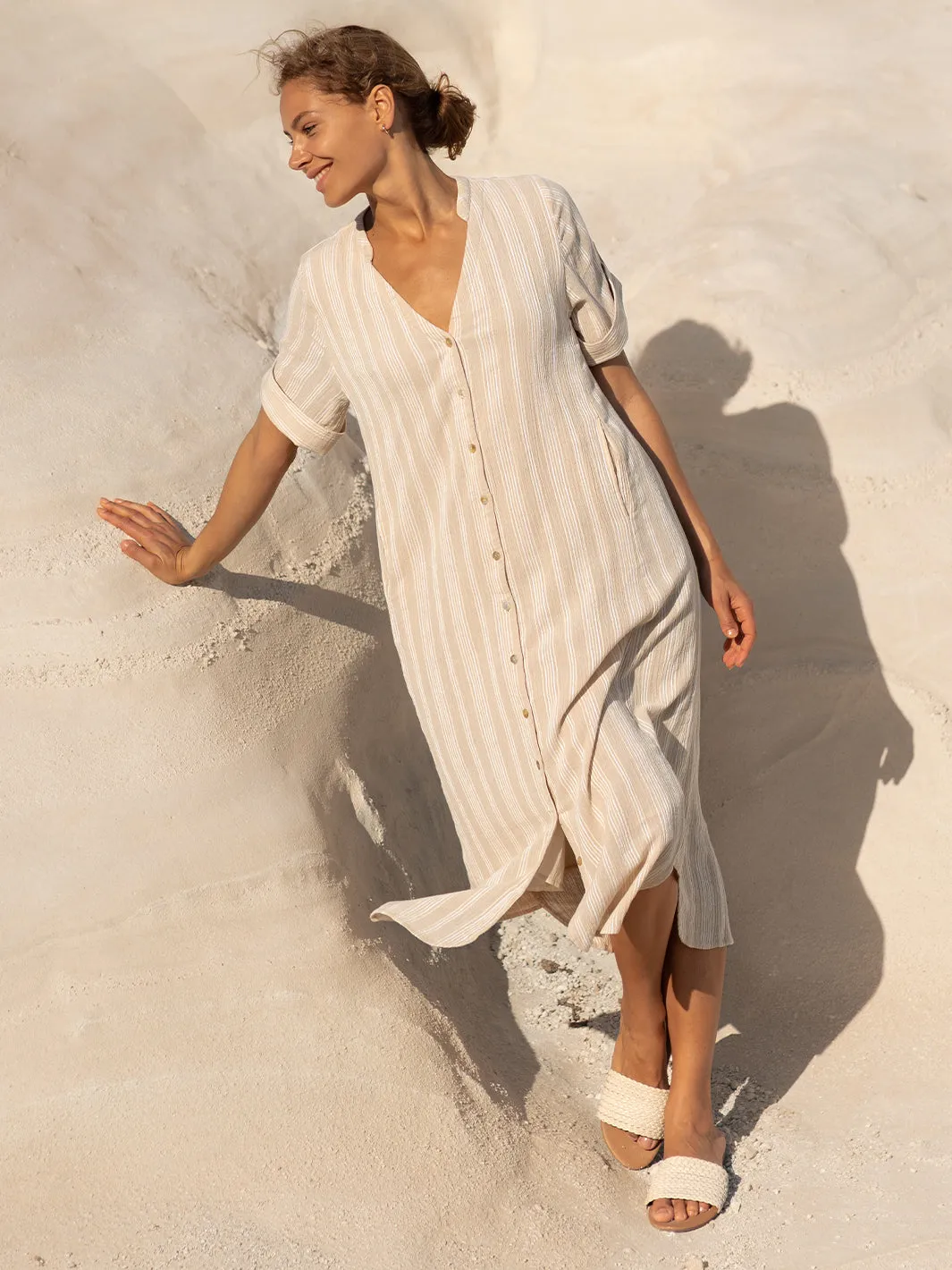 Athena Cotton Dress Sand Stripe Lavender Hill Versatile Wear
