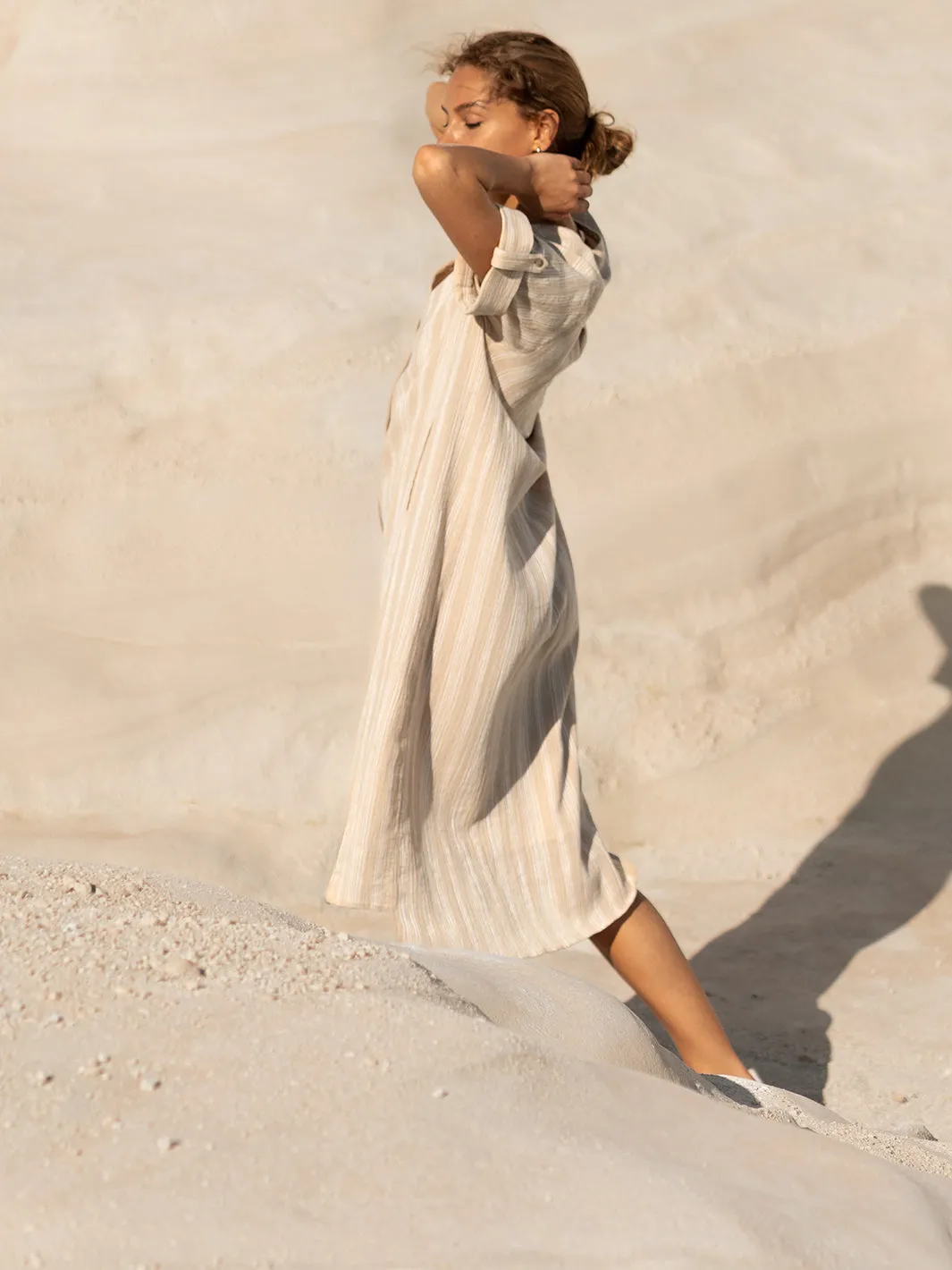 Athena Cotton Dress Sand Stripe french chic Comfortable daytime dress