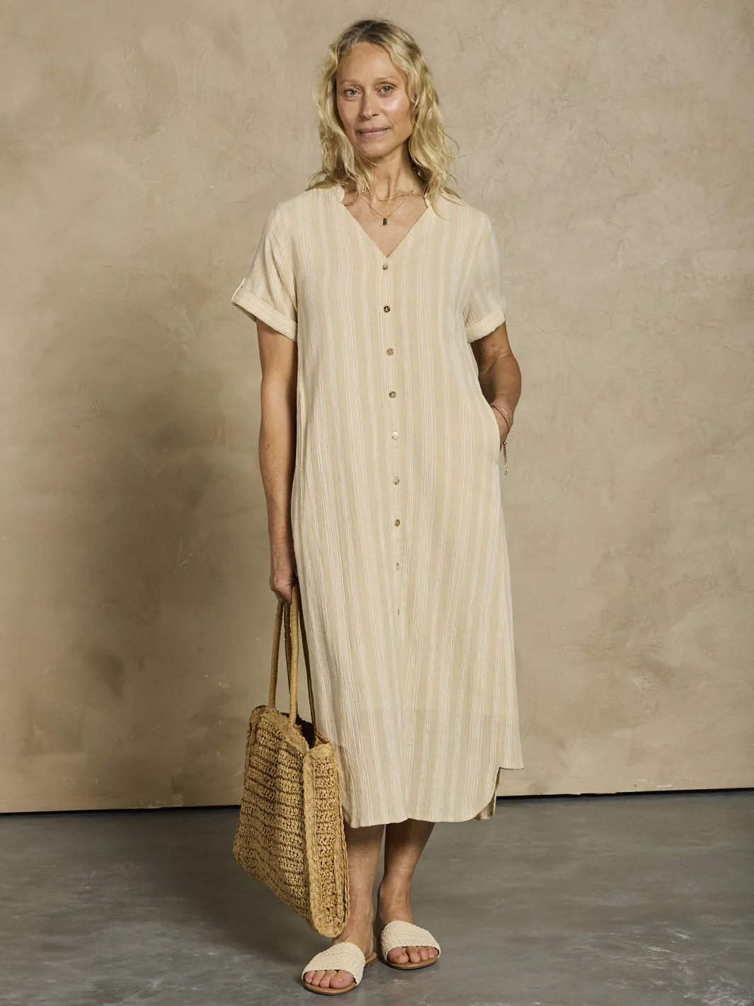 Athena Cotton Dress Sand Stripe Elegant Details Fun floral midi gown