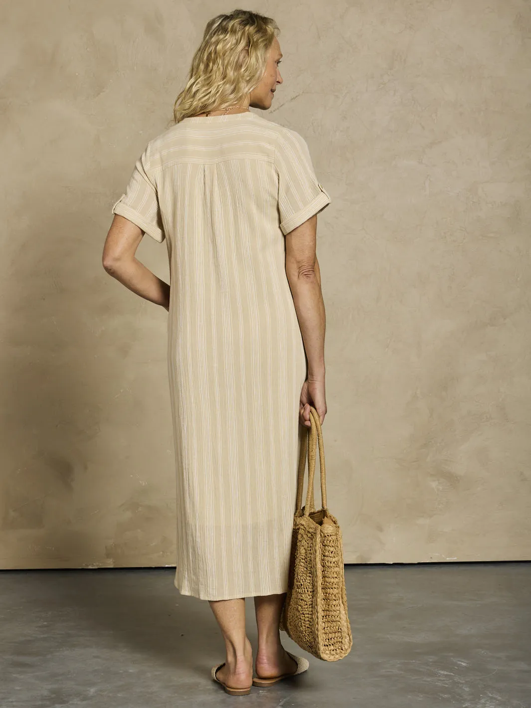 Athena Cotton Dress Sand Stripe Body Confident Layering friendly