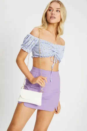 Firm Leather Print Short Puff Sleeve Ruche Front Top