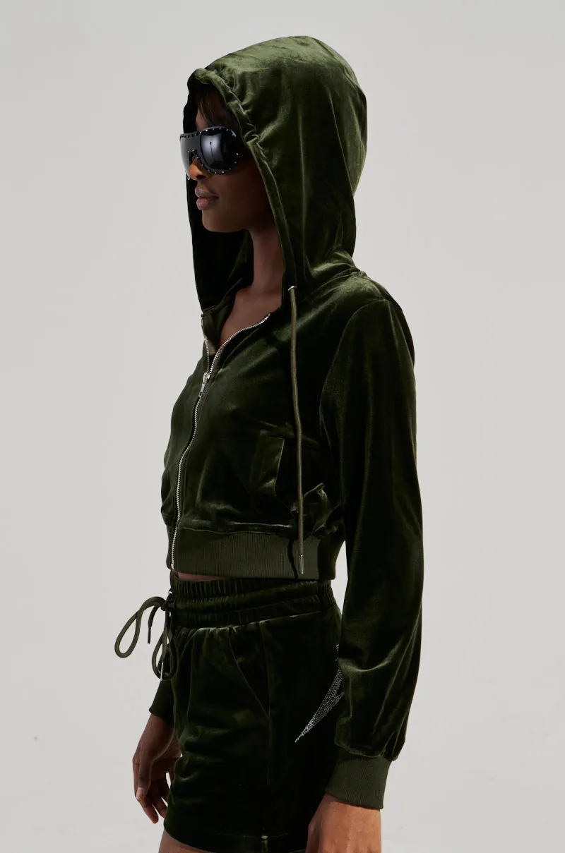 BRAT RHINESTONE VELVET OLIVE ZIP UP SWEATSHIRT Casual Hoodie All Day Wear