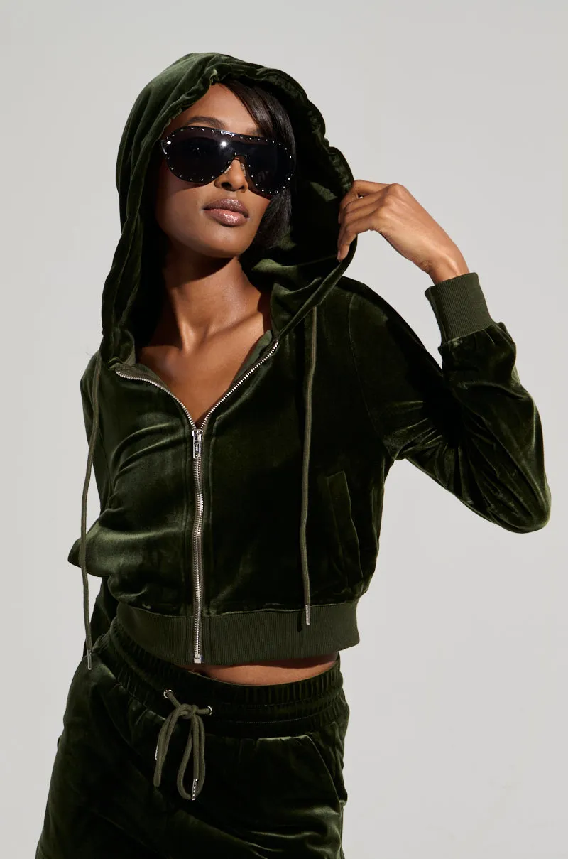 product pastel softness Travel Bold BRAT RHINESTONE VELVET OLIVE ZIP UP SWEATSHIRT