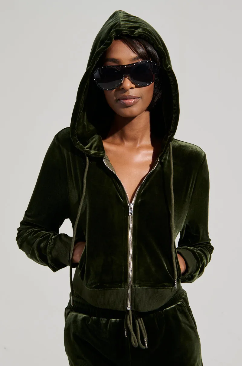 BRAT RHINESTONE VELVET OLIVE ZIP UP SWEATSHIRT Fresh Chic