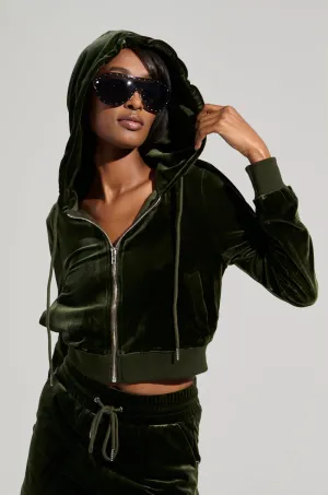 product pastel softness Travel Bold BRAT RHINESTONE VELVET OLIVE ZIP UP SWEATSHIRT