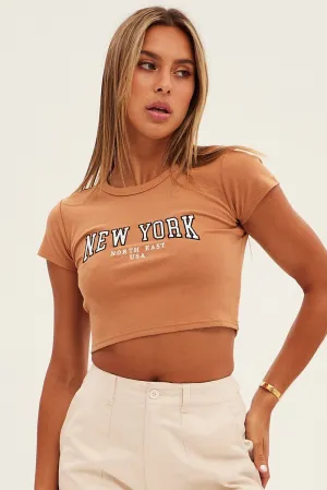 Odor Control Finish Fit for All Seasons Brown Baby Tee Short Sleeve Crop Round Neck