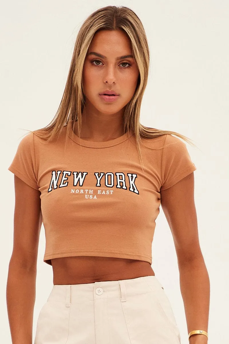 Brown Baby Tee Short Sleeve Crop Round Neck Crew Neck Design Modern Layering
