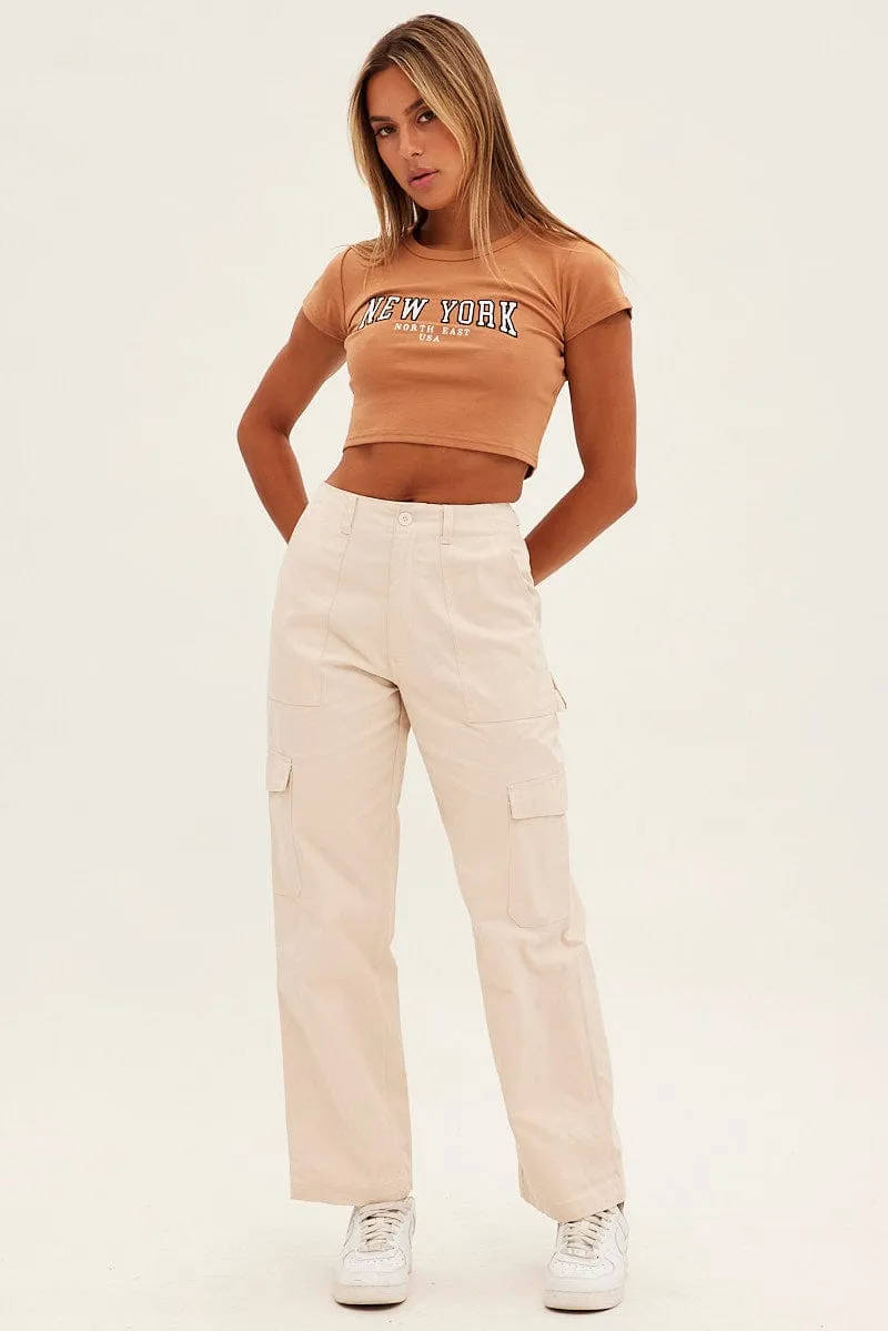 Stretch Jersey Knit Brown Baby Tee Short Sleeve Crop Round Neck