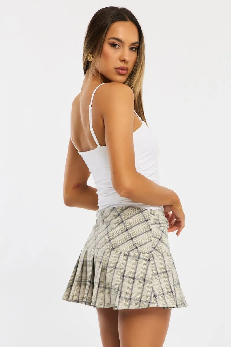 Subtle Shimmer Roll Up Fasten Brown Check Mini Skort Skirt Knife Pleat Buckle Detail