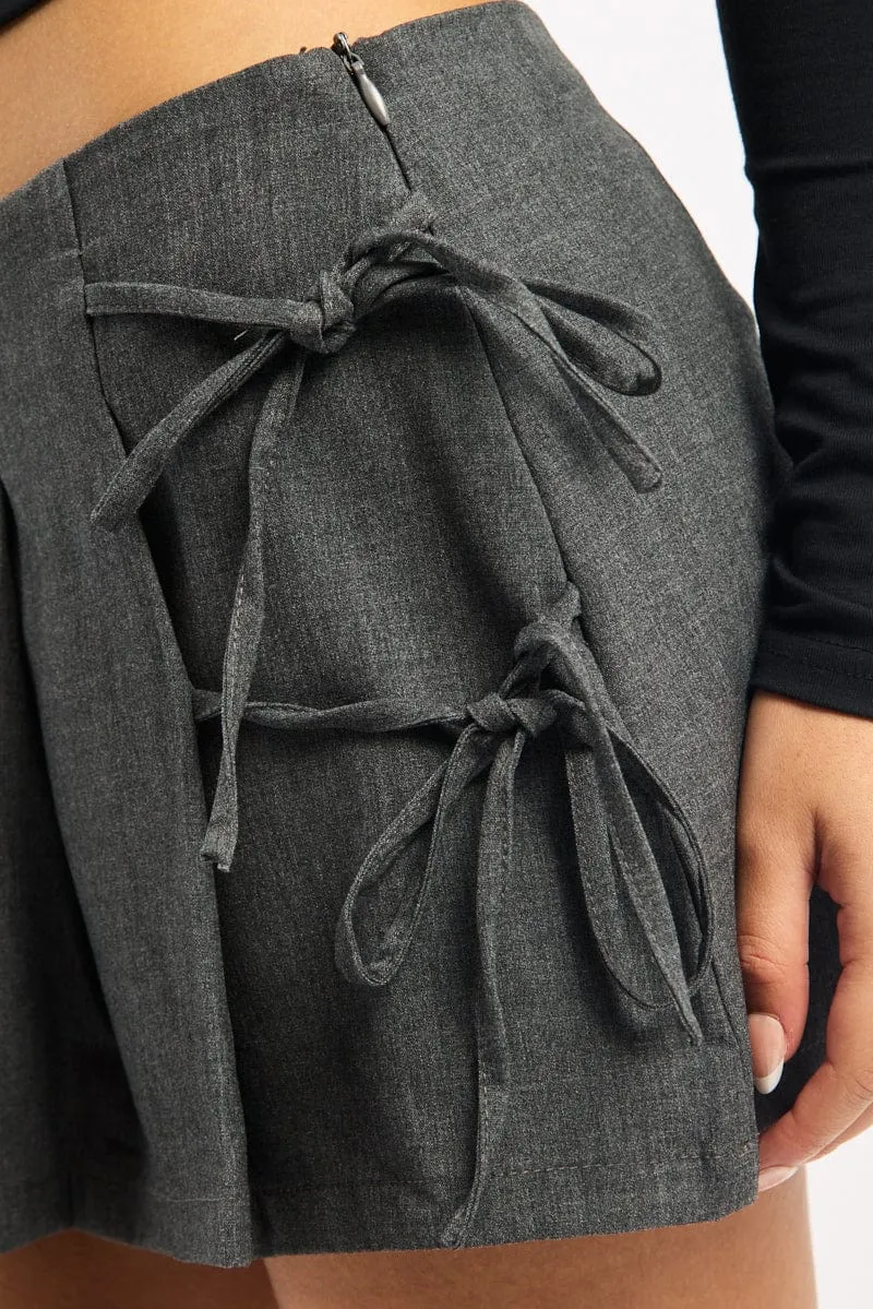 Front Slit Basic Layers Grey Pleated Skort Skirt High Waisted Mini Bow Detail