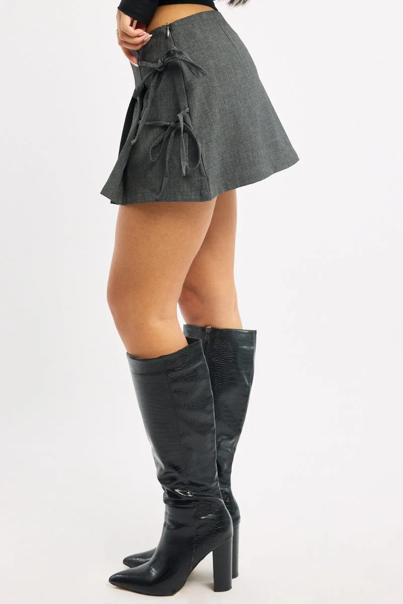 Grey Pleated Skort Skirt High Waisted Mini Bow Detail Erasable Crease Daily Wear