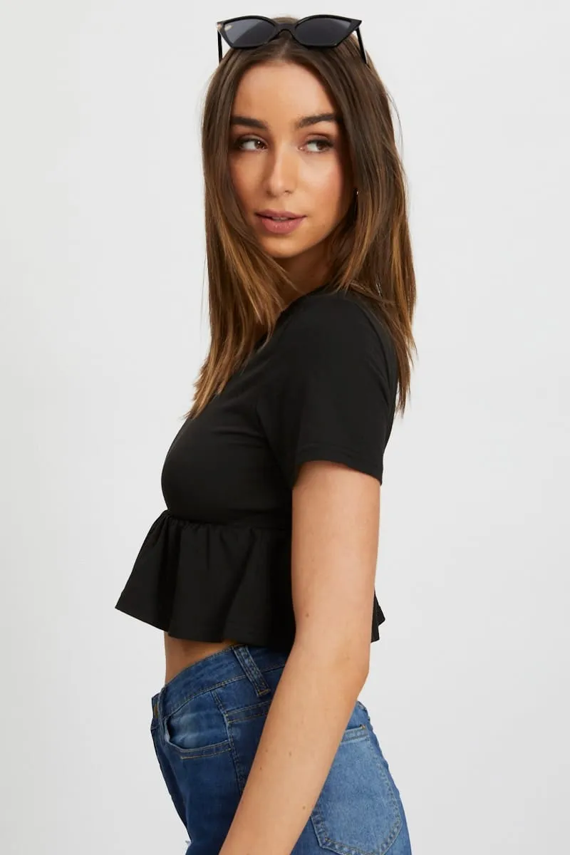WrinkleResistant Finish Black Short Sleeve Peplum T Shirt