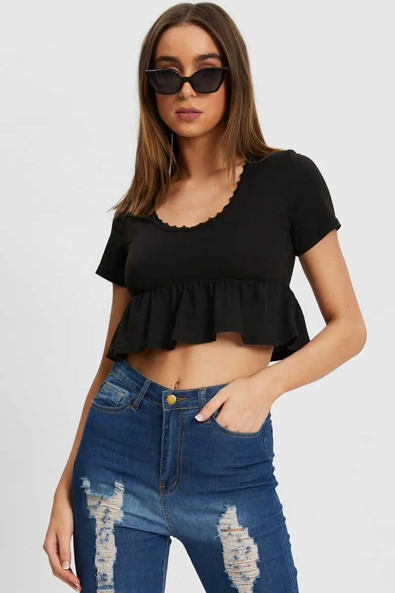 HighCollared Design Black Short Sleeve Peplum T Shirt