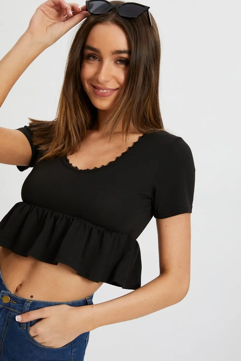 Black Short Sleeve Peplum T Shirt TactileStitching