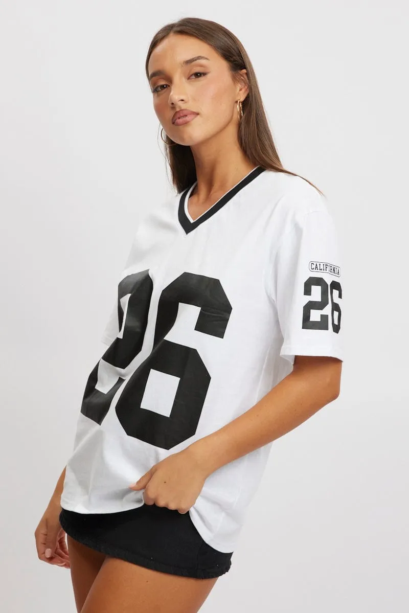 Crystal Soul White Graphic Tee V Neck Short Sleeve