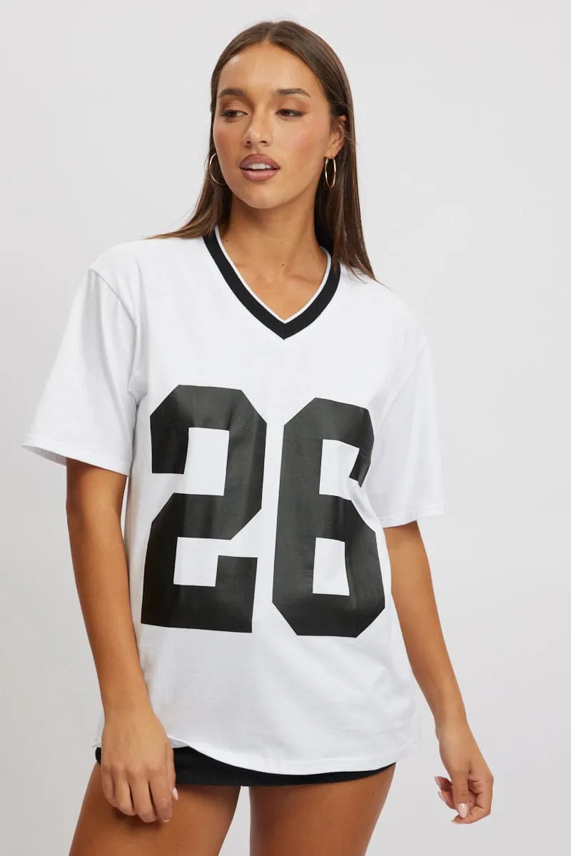 Effortless Fashion Prince Core White Graphic Tee V Neck Short Sleeve
