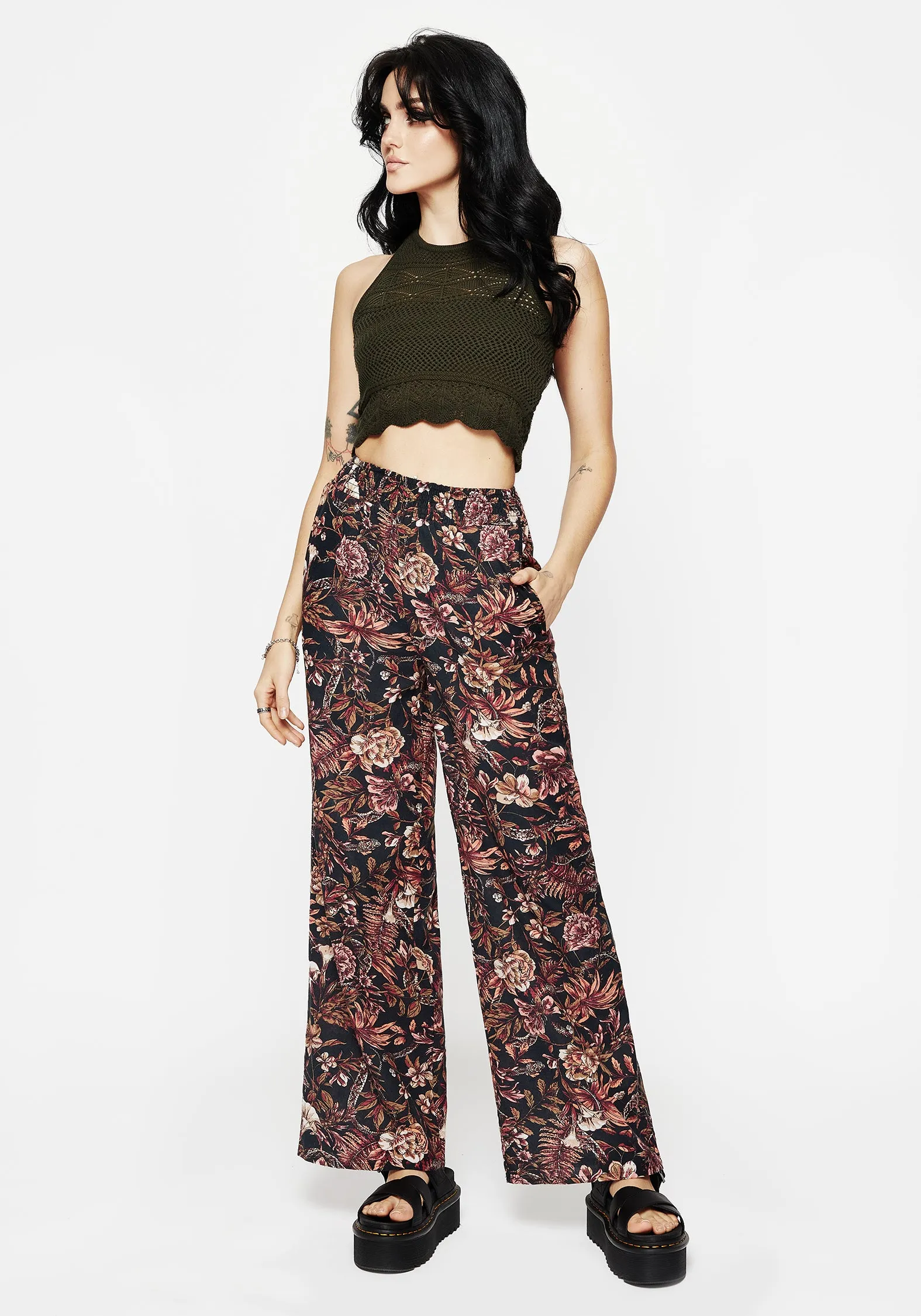 Bashe Cotton Floral Snake Print Wide Leg Trousers Hip Friendly Pockets Timeless Appeal