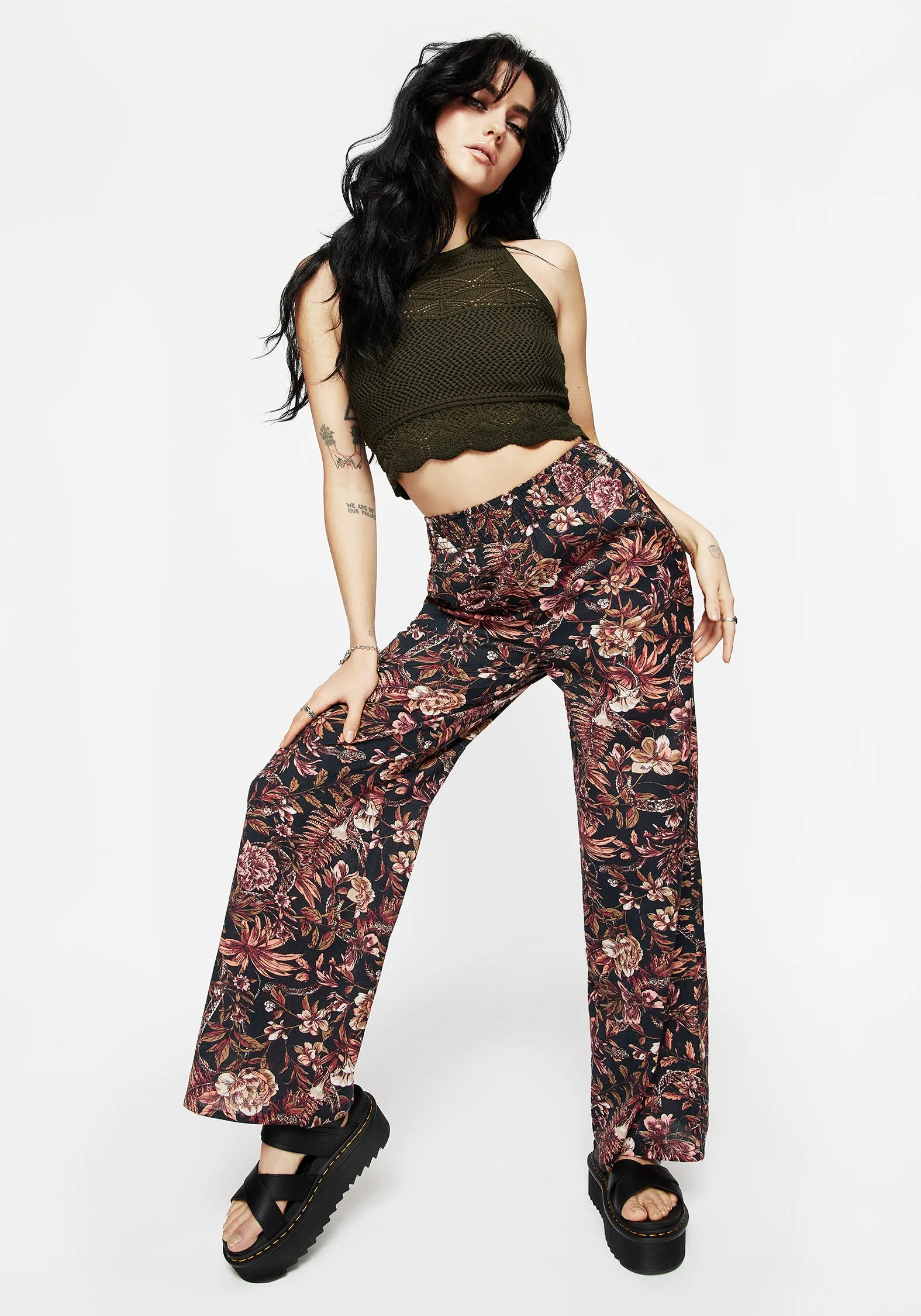 Odor Control Fabric Bashe Cotton Floral Snake Print Wide Leg Trousers