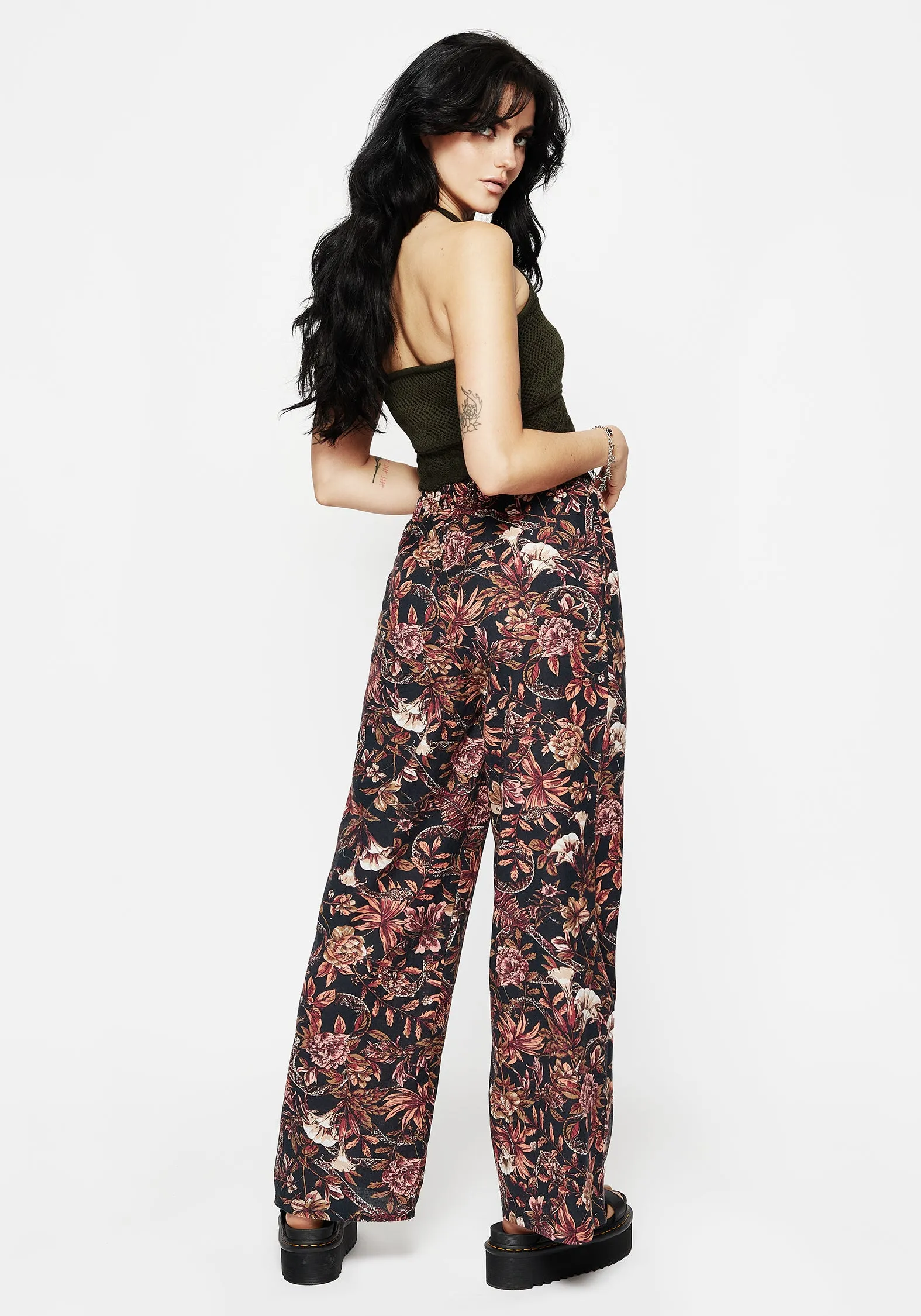 Cozy Style Bashe Cotton Floral Snake Print Wide Leg Trousers